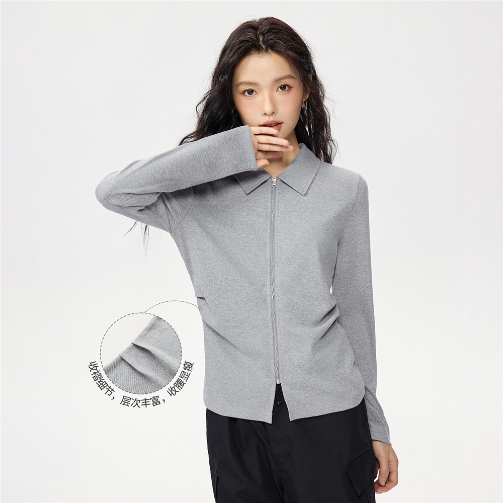 佐丹奴长袖针织Polo衫女新款坑条翻领修身拉链针织上衣女13315654 - 图1