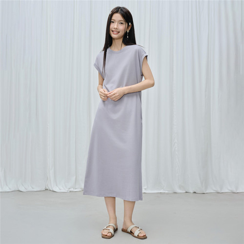 佐丹奴直筒裙子女夏季新款纯色极简风圆领连袖针织连衣裙05465480 - 图3