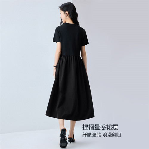 佐丹奴裙子女2026夏新款拼接小黑裙极简风圆领短袖连衣裙13466307 - 图3