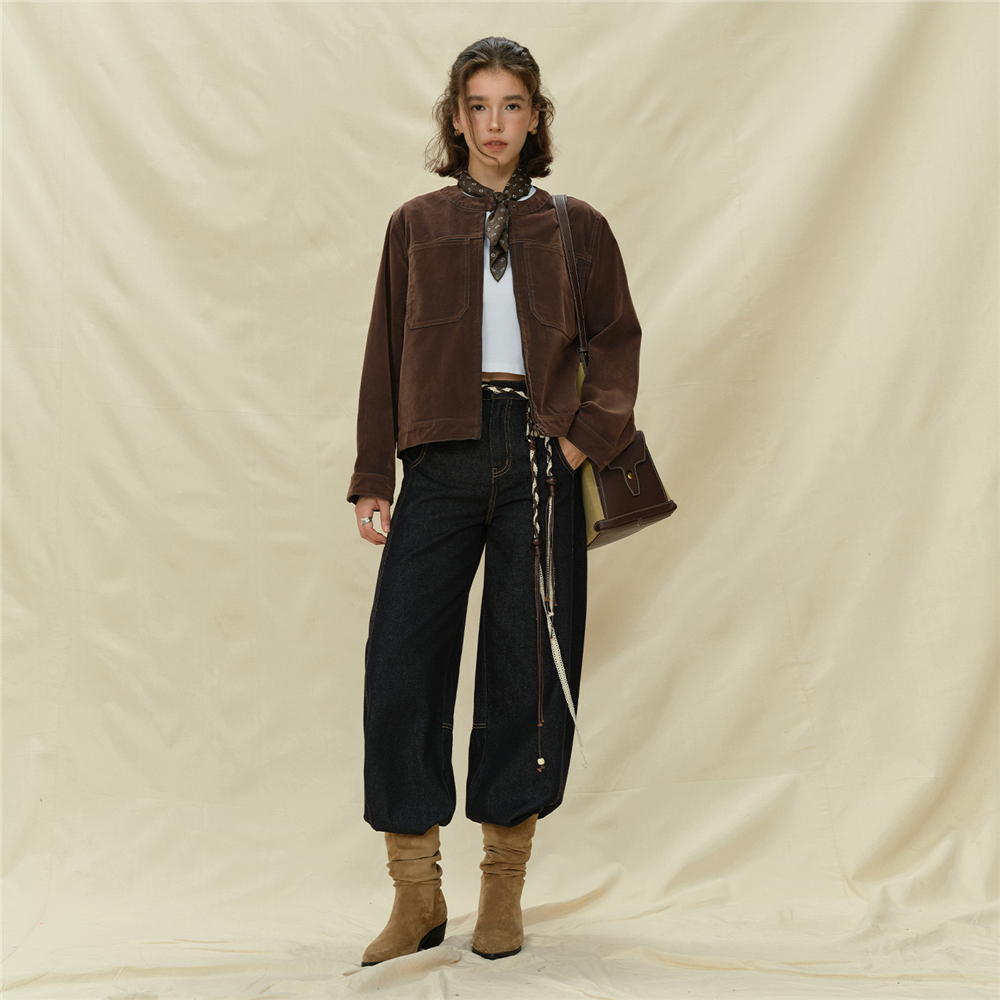 设计师款佐丹奴外套女装复古植绒牛仔双口袋宽松圆领夹克18375512 - 图2