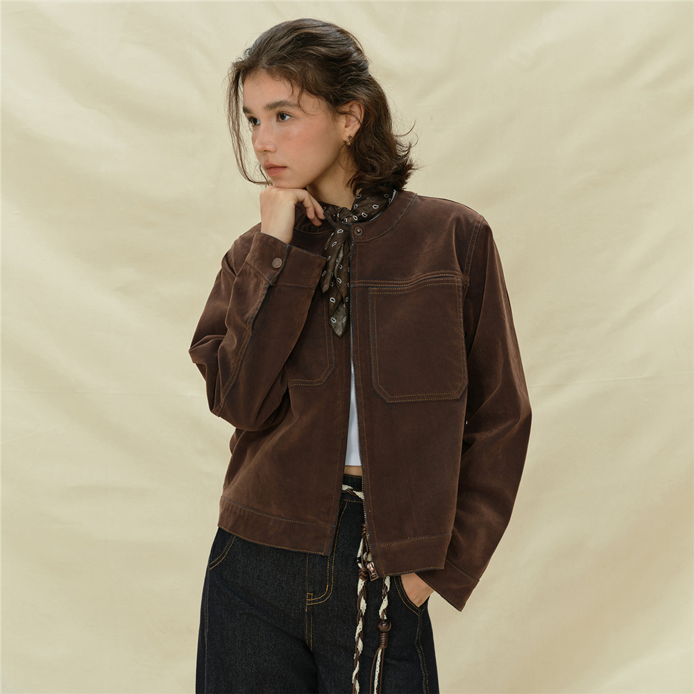 设计师款佐丹奴外套女装复古植绒牛仔双口袋宽松圆领夹克18375512 - 图3