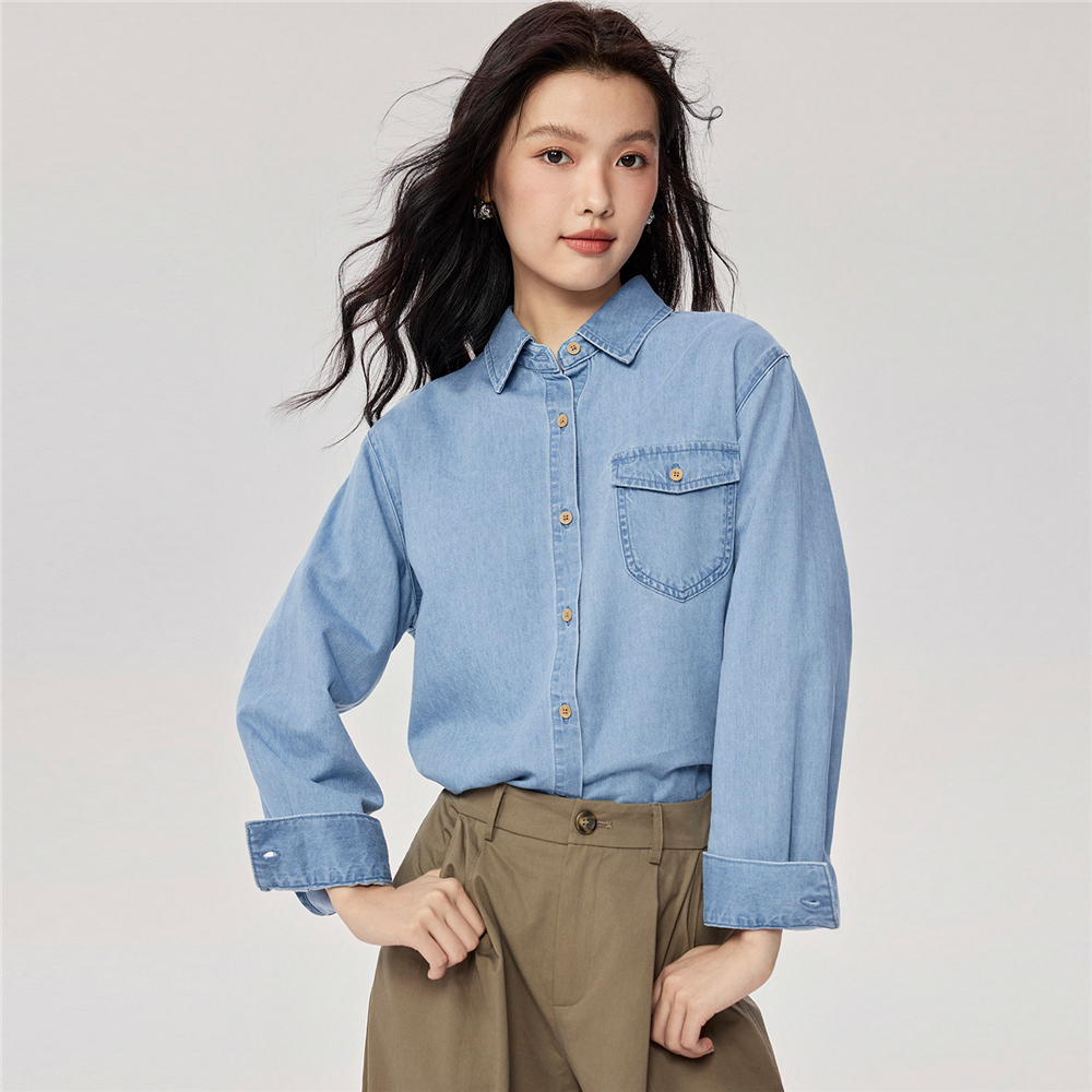 佐丹奴牛仔衬衫女新款复古风纯棉洗水单口袋长袖牛仔衬衣13345862 - 图1