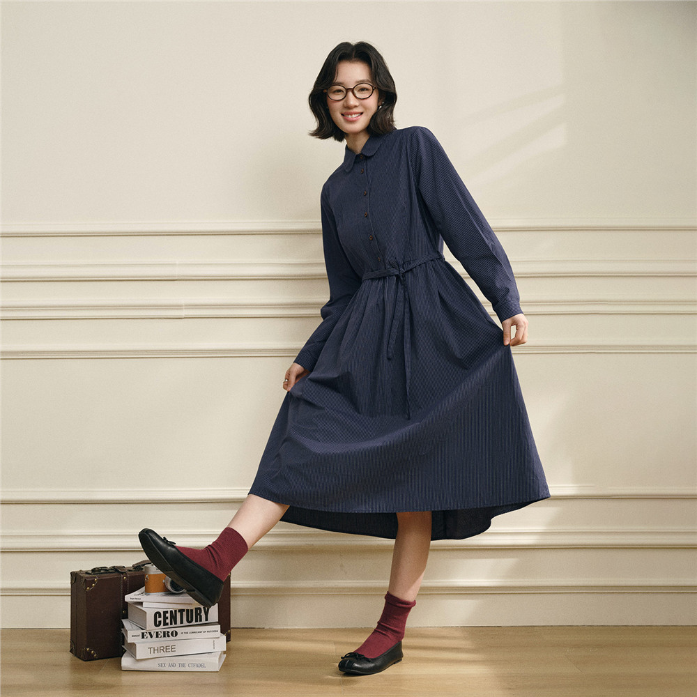 设计师款佐丹奴2026年春纯棉条纹娃娃领系带收腰连衣裙女18466702,淘宝优惠券,粉丝福利购,淘宝优惠卷