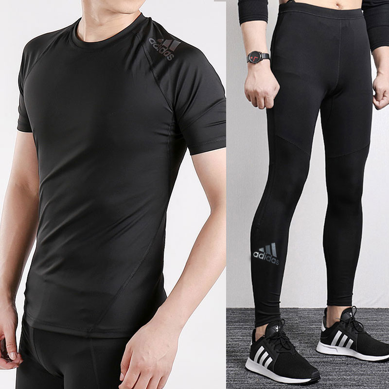 Adidas Sports Set Men's Official Website Flagship Tight Fitness Suit Training Slim Fit Long Sleeve T-shirt Running Pants