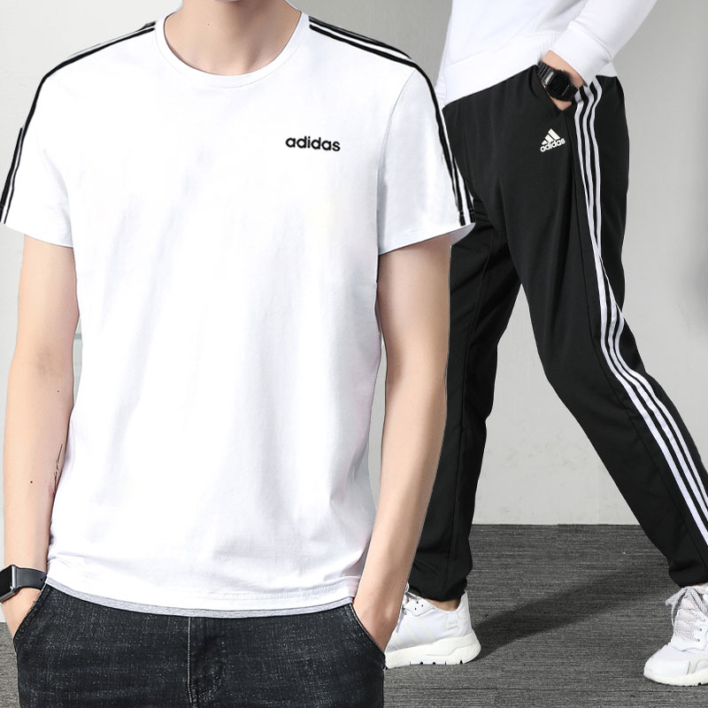 Adidas Set Men's 2020 Summer New Official Website Leisure Sports Wear Short Sleeve Long Pants Fitness Clothing Guard Pants Trend