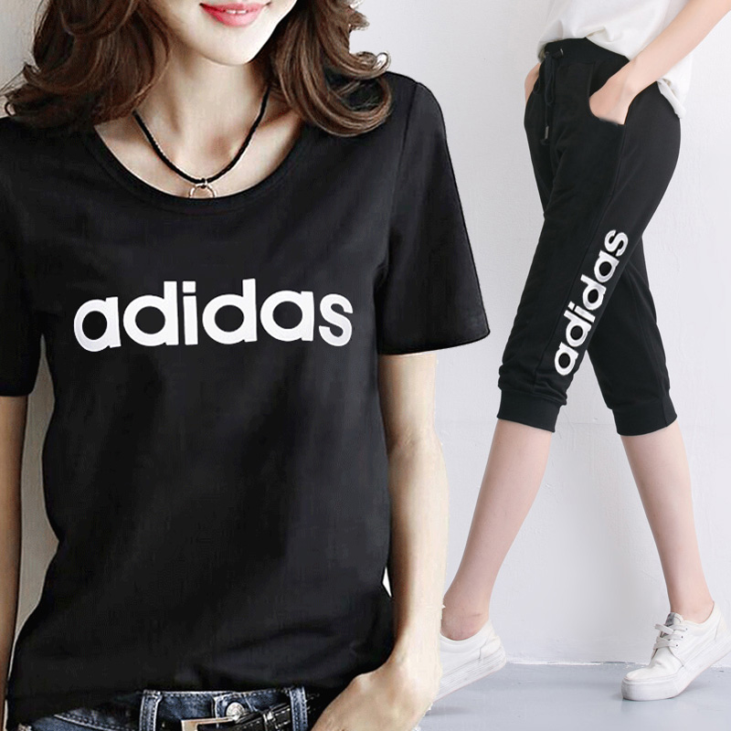 Adidas Sports Set Women's 2020 Summer New Running Fitness Suit Short Sleeve T-shirt Casual Capris