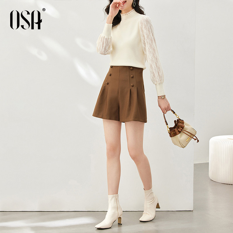 osa欧莎法式半高领蕾丝泡泡袖打底 osa卿衣落毛针织衫