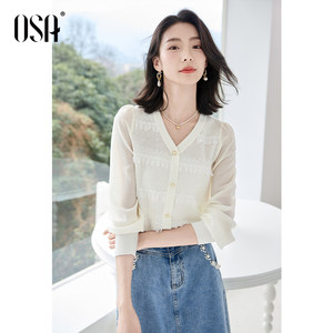 OSA欧莎2024年早春新款女装法式泡泡袖拼接V领针织衫气质显瘦上衣