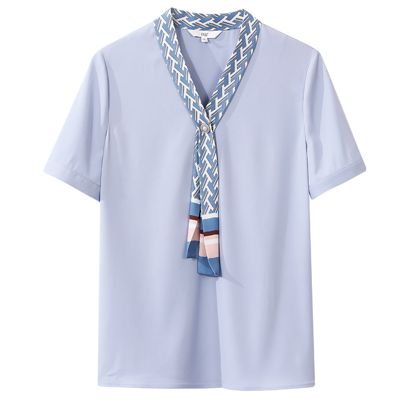 osa欧莎蓝色短袖雪纺衫夏季衬衫 osa卿衣落蕾丝衫/雪纺衫