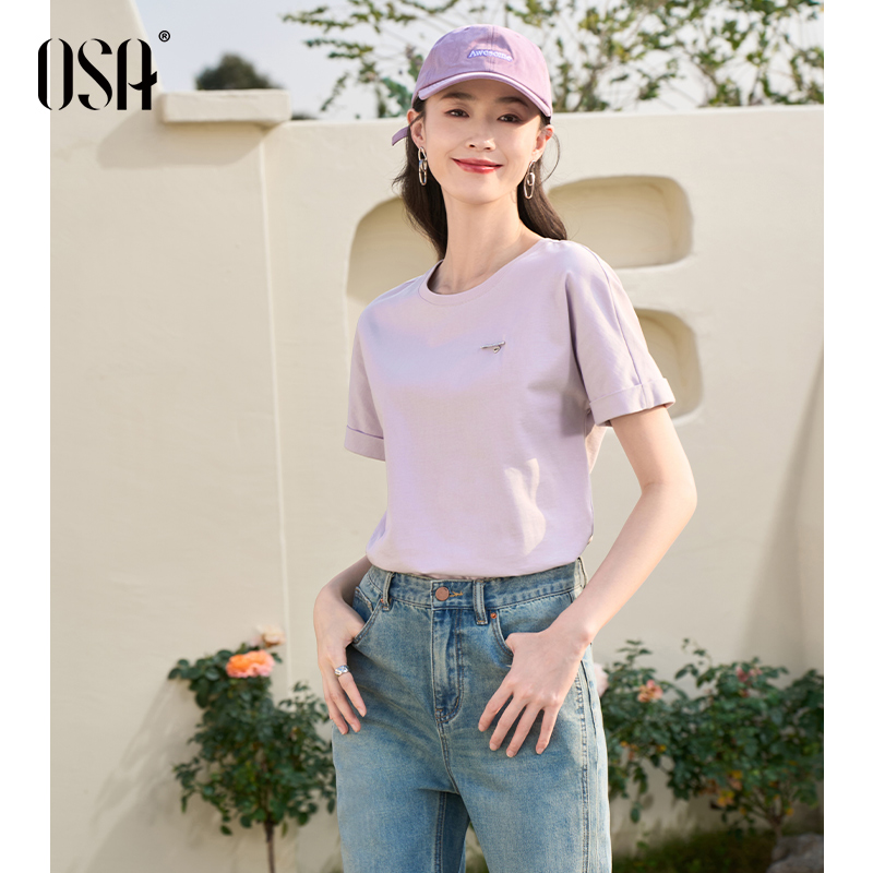 OSA欧莎灰紫色落肩短袖T恤女夏季2024新款高级感圆领宽松显瘦上衣 - 图0