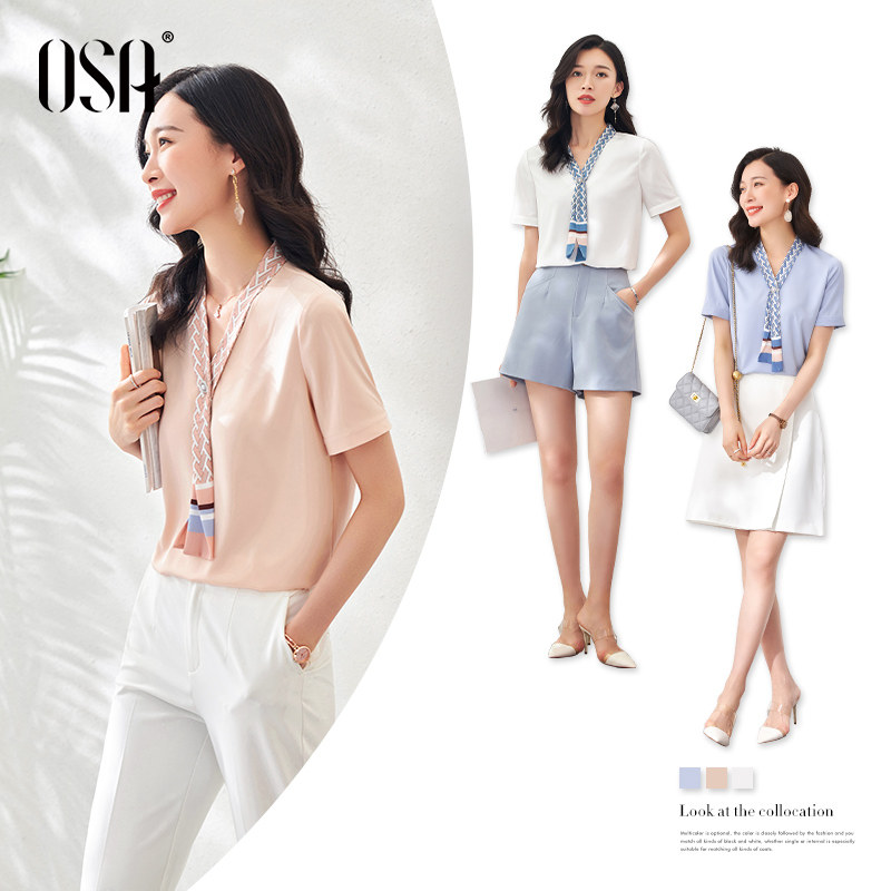 osa欧莎蓝色短袖雪纺衫夏季衬衫 osa卿衣落蕾丝衫/雪纺衫