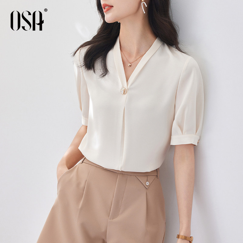 osa欧莎夏季2022年新款短袖衬衫 osa卿衣落蕾丝衫/雪纺衫