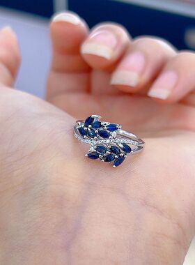 2025冷淡新款秋季新款简约银镀镶嵌蓝宝戒指尺寸24mm法式