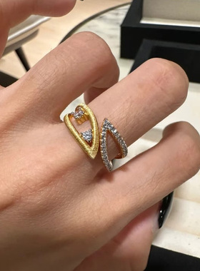 vintage落叶缱绻镂空金色叶片戒指中古轻奢撞色高级感镶钻指环女