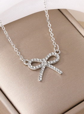 欧美跨境时尚极简蝴蝶结气质百搭水钻吊坠女士合金简约项链颈链