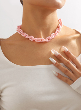 N9032欧美夸张朋克风嘻哈树脂项链合金亚克力复古粗链条锁骨链女