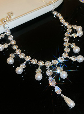 闪钻气质水滴锆石镶钻珍珠项链法式轻奢风百搭锁骨链礼服时尚项饰