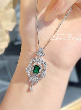 vintage中古祖母绿公主方钻吊坠欧美奢华宴会订婚彩宝锆石项链女