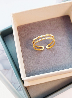 双层满钻水晶开口可调节仿真戒指