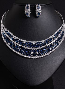 欧美新款大款新娘祖母绿耳饰项链套装锆石微镶满钻ins耳环二件套