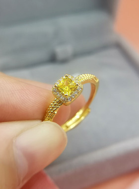 925纯银小红书爆款黄钻小方糖戒指女18k金小众设计感ins风活口戒