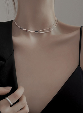 s925纯银项链女小众设计高级感锁骨链轻奢黑方块夏颈链choker饰品