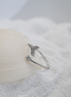 925纯银镶钻星星鱼尾开口戒指女时尚百搭轻奢小众设计高级感指环
