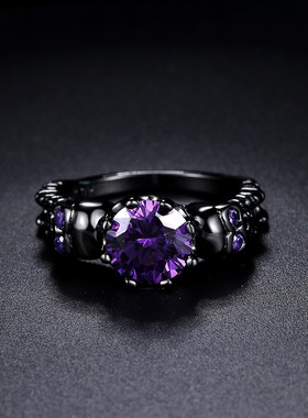 欧美复古黑金骷髅女士戒指紫色锆石朋克风万圣节境爆款首饰跨