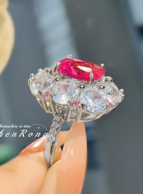 轻奢气质拟真鸽血红宝石戒指欧美豪镶满钻肥长方红刚玉彩宝女戒