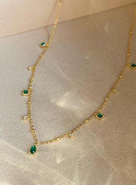 精致复古祖母绿脖颈简约气质s925纯银镀金锁骨链小众设计感项链女