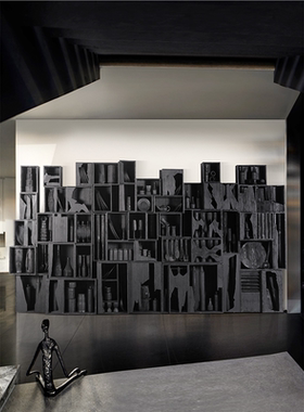 售楼部别墅会所侘寂风碳化木雕墙面艺术装置酒店大堂靠墙落地摆件