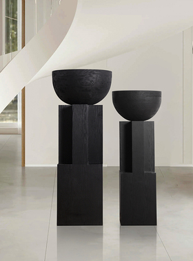 侘寂风碳化花盆木质花钵落地摆件售楼处民宿酒店会所高档装饰花器