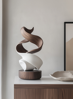 设计师抽象实木雕塑摆件酒店样板房玄关装饰品摆饰撞色木雕艺术品
