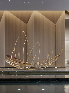 抽象创意大型竹编船摆件酒店大堂落地装饰品展厅售楼处装置艺术品