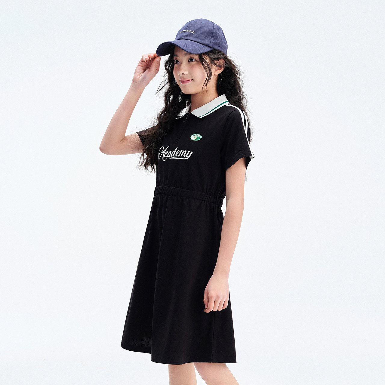 笛莎女大童2025夏新款青少年珠地布面料学院风polo领T恤裙连衣裙 - 图2