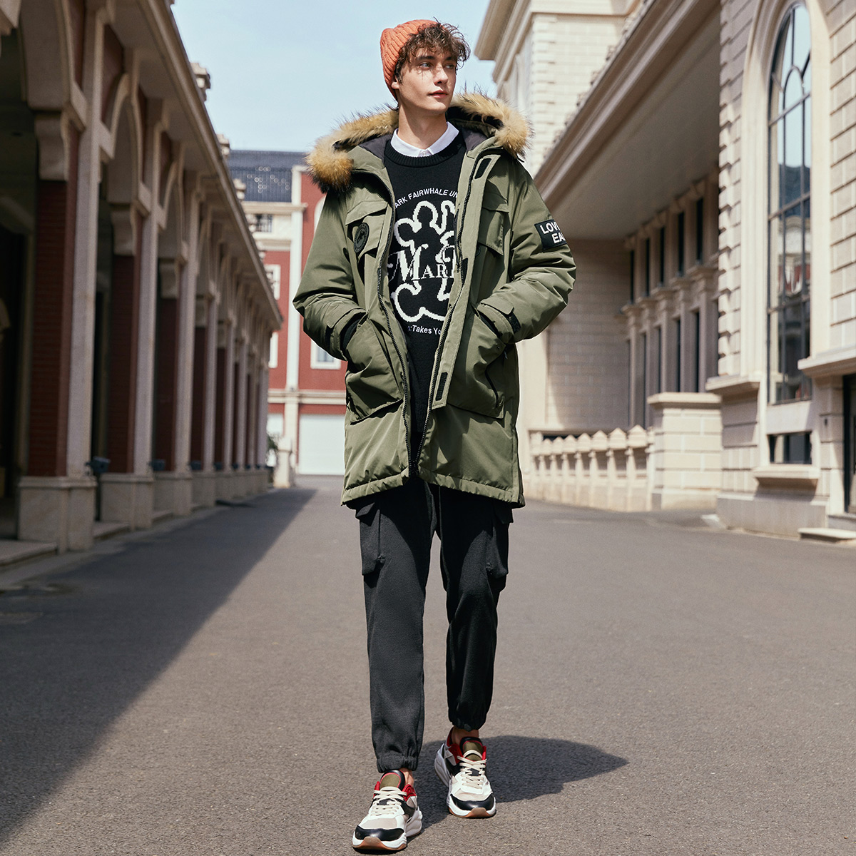 马克华菲官方旗舰店马克华菲羽绒服男士冬季新款时尚潮流工装毛领军绿长款上衣0