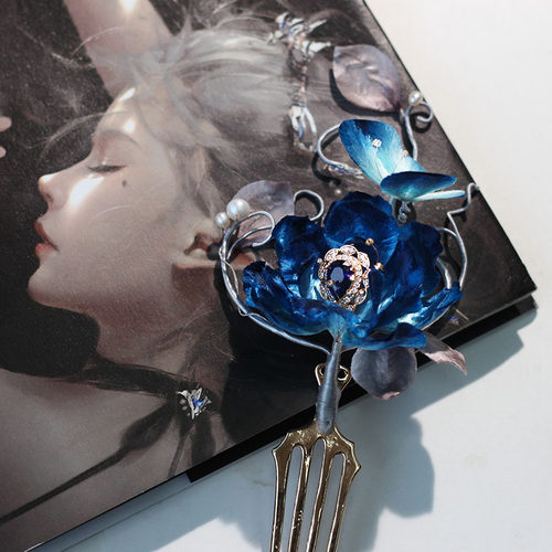 森森的簪丨蓝色梦露 非遗绒花发簪梳 高端礼物新中式古风旗袍发饰 - 图2