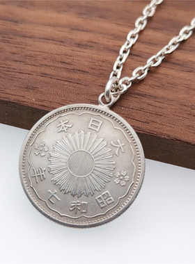 二战前 双凤 老银币复古圆牌硬币吊坠太角链男士纯银项链锁骨链女