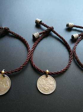 包邮原创欧美硬币手绳咖啡色幸运