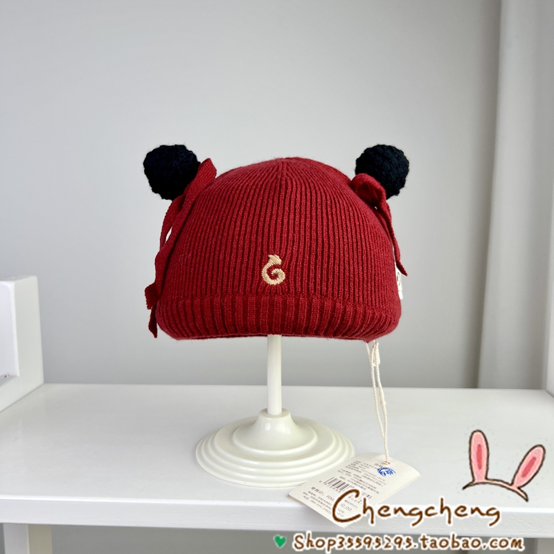 木然良品冬季新款男女宝宝婴儿童三太子柔软轻薄双层毛线小平帽子 - 图1