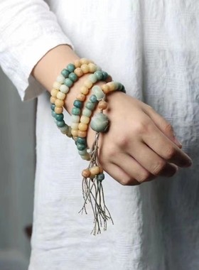 原创天然绿菩提手串 阴皮风化菩提根108颗佛珠单多圈手链男女配饰