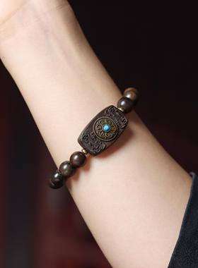 沉香木时来运转手链民族风雕刻六字真言佛珠森系男女文玩手串手饰