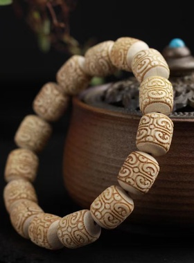 香樟木老型佛珠雕刻回纹珠手串桶珠文玩木质念珠饰品男女款手链子