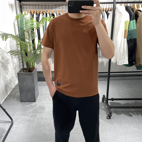 夏季新款纯色圆领短袖T恤男简约休闲半袖弹力修身打底衫体恤上衣-图0