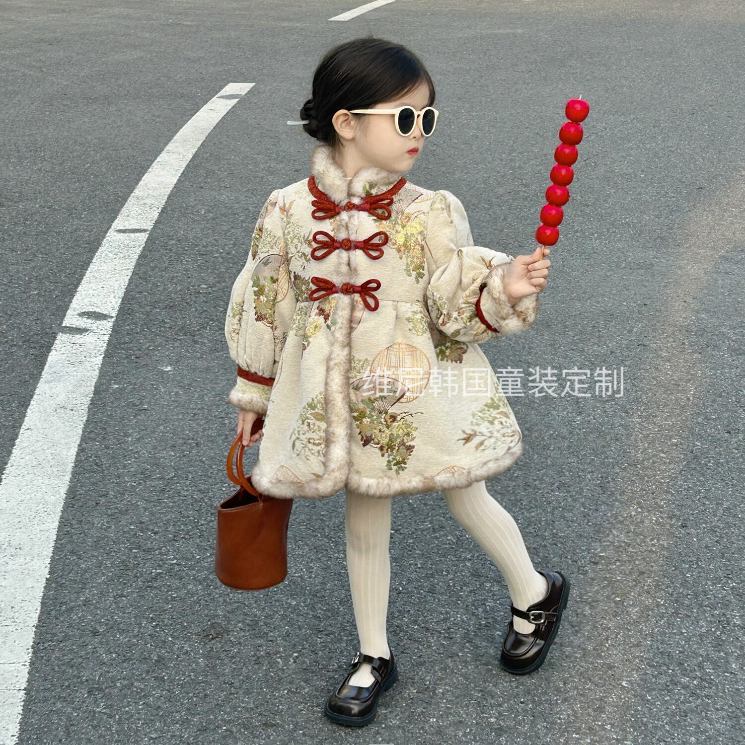 2025新款儿童宝宝雪尼尔提花加绒中国风长款大衣外套女童气质旗袍