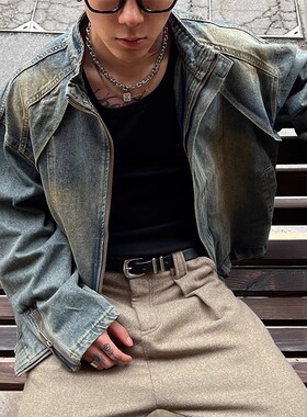 牛仔外套男痞帅潮流美式复古立领拉链夹克上衣Men's denim jacket