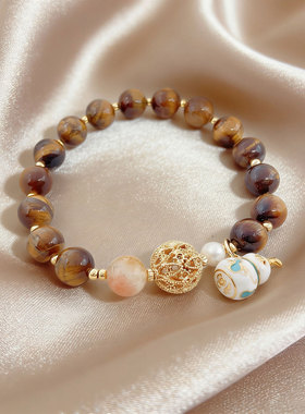 天然水晶黄塔晶虎眼石手串葫芦形天然淡水珍珠手链女款正品女孩