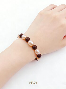 天然淡水珍珠手链金丝檀手串正品女孩幸运转运珠粉色明星同款