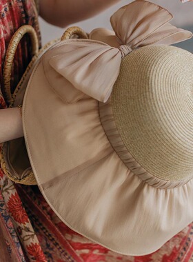 布公仔春夏款草编蝴蝶结遮阳帽女夏季大檐防晒防紫外线显脸小帽子