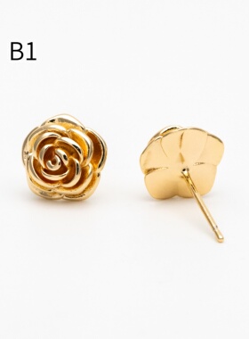 3D立体山茶花耳钉铜镀真金饰品
